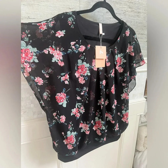 NWT new JINKESI large floral Batwing Short Sleeve Chiffon Top T-Shirt Blouse - Picture 12 of 14